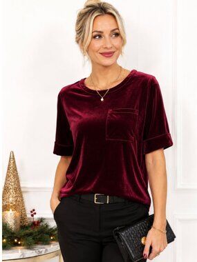 Ralph Lauren Burgundy Velvet Pocket Tee Size Large Soft Luxe Top